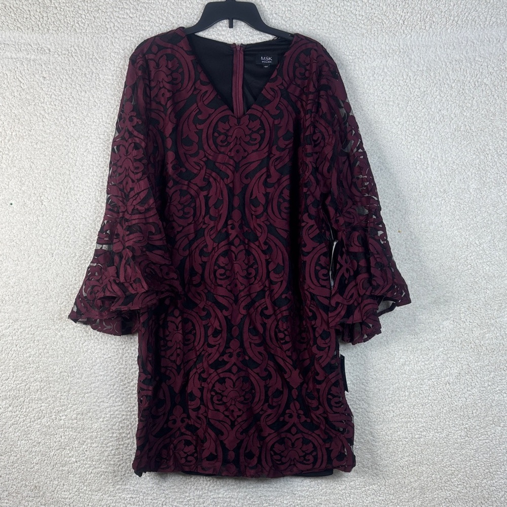 NWT MSK Womens Black And Red Allover Lace Bell 3/4 Sleeve Shift Dress Size 14W